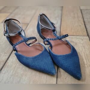 Seychelles pointed flat t strap Mary Jane dorsay 6 blue silver
